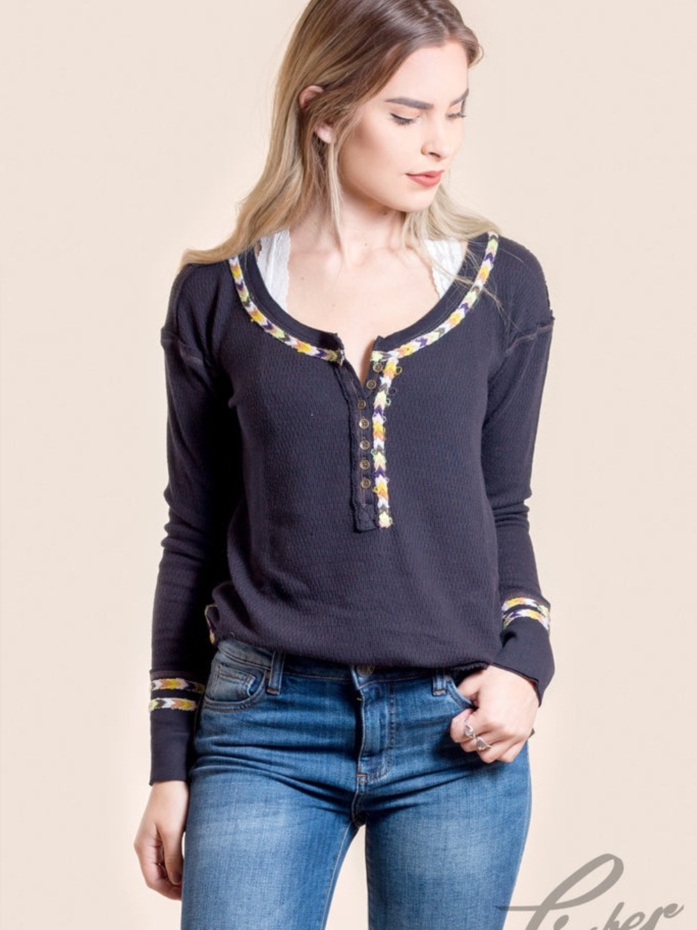 Free People We the Free Black Rainbow Thermal Henley Shirt Small